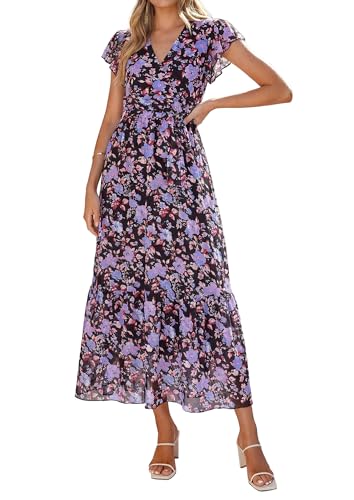 Image of PRETTYGARDEN Women's Summer Floral Boho Maxi Dress | Short Sleeve Wrap V Neck, Long Flowy Ruffle Dresses, Spring Wedding Guest Outfits for Beach Vacation, Resort Wear, Tea Party