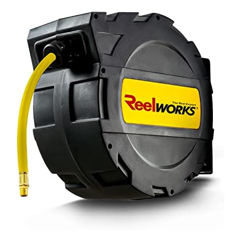 ReelWorks Air Hose Reel Retractable Auto Rewind 3/8" Inch x 50' Foot Hybrid Polymer Hose Max 300PSI Commercial Polypropylene Enclosed Construction Cover