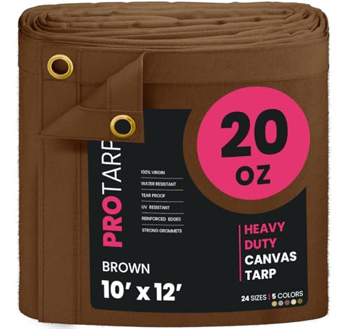 PROTARP Extreme Heavy Duty 20 OZ Water Resistant Canvas Tarp, UV Resistant Tarpaulin Cover with Rustproof Brass Grommets, Multipurpose for Canopy, Roof, Camping, Woodpile (Brown 10'X12')