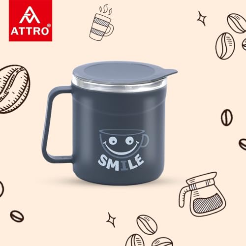 Image of ATTRO Happy Mug Set of 6-Comes with Double Wall Inner Stainless Still & Lid Stylish Cup Ideal for Hot Coffee, Tea - 300ml-Grey