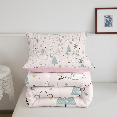 Image of Feelyou Cute Rabbit Comforter, Cartoon Bunny Comforter Set Toddler Size Kawaii Animal Comforter Set Toddler Size for Kids Boys Girls Botanical Plant Duvet Set Microfiber Quilt Set