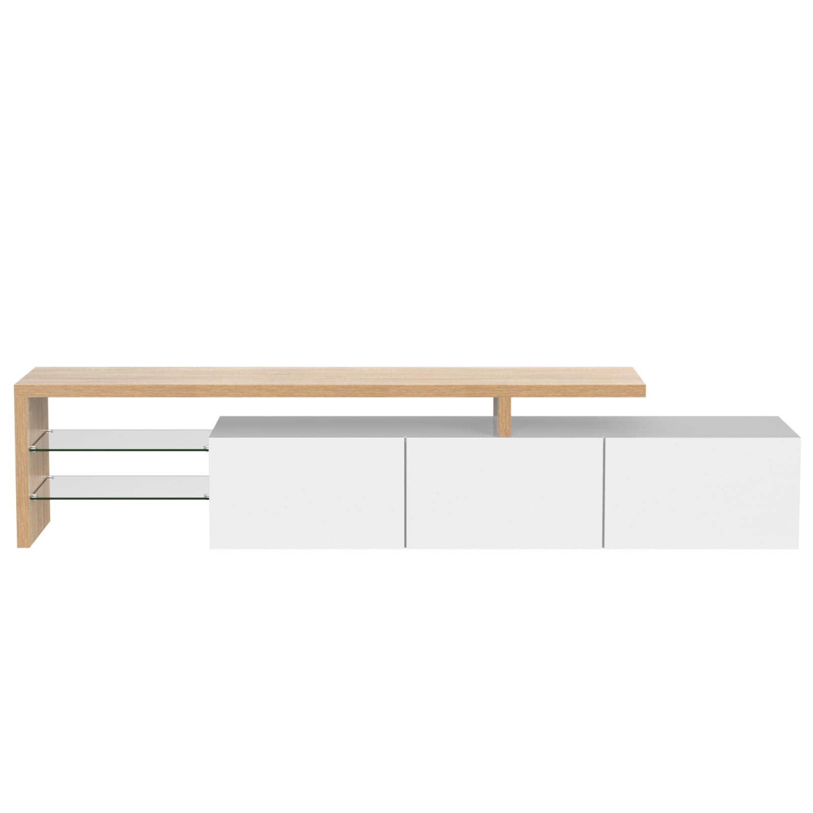 Szafka pod telewizor LED, biała i drewniana szafka telewizyjna, Tele Design z lampkami LED, wygodne przechowywanie, ławka TV do salonu lub sypialni, 197,5x39x42 cm (biały-A01)