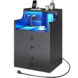 BTHFST Nightstand with Charging Station and LED Lights, Black LED Night Stand with Hutch, Bedside Table with Drawers & Storage Shelves, Modern End Side Table,Black