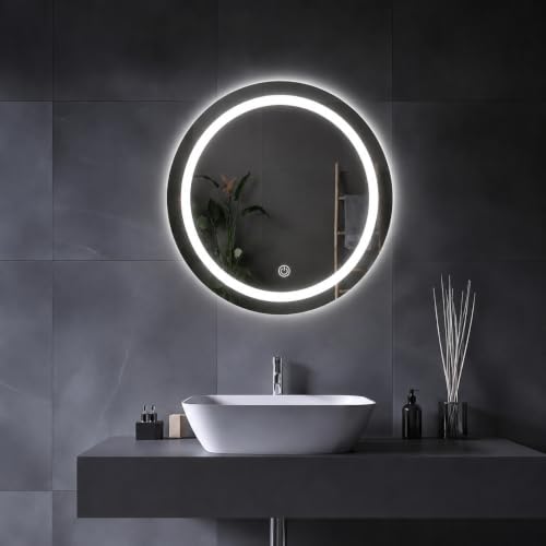 Image of Round LED Mirror for Bathroom Backlit with Smart Touch Sensor Wall Mounted Round One Line Border Mirror Light Vanity Mirror with Warm White Light for Living Room Bedroom Dressing Table