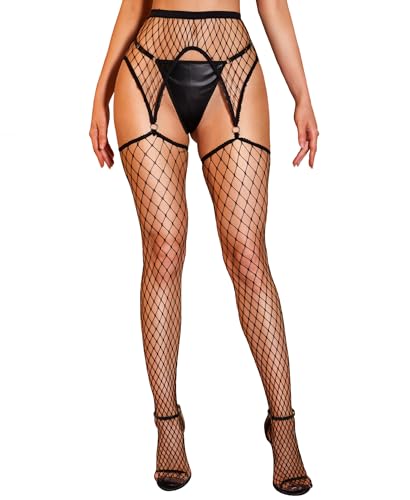 Image of RSLOVE Fishnet Stockings for Women - Garter Thigh High Stockings Sexy Fishnet Tights High Waist Pantyhose Lingerie