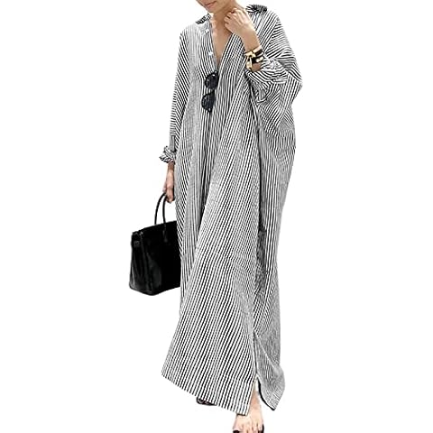 utcoco Womens Striped Cotton Maxi Shirt Dress Cover