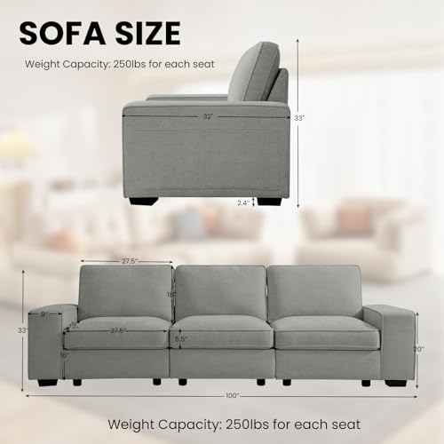 Image of TEKAMON 100 inch Modular Sofa with Seats Storage, Comfy 3-Seater Chenille Fabric Couch for Living Room, Office, Apart W /Deep Seat, USB Charging, Upholstered Couch with Removable Cover(Light Grey)