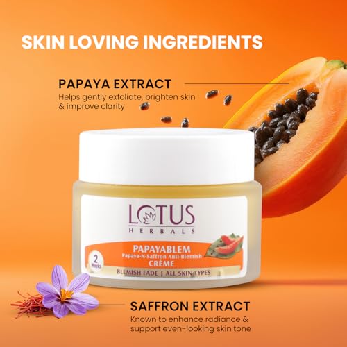 Image of Lotus Herbals Papayablem Papaya & Saffron Anti-Blemish Cream | For Dark Spots, Pigmentation & Uneven Skin Tone | 50g