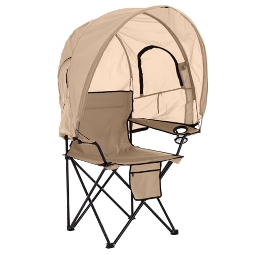 BrylaneHome Outdoor Oversized Canopy Tent Camp Chair Shade Folding Cupholder Zip Windows Storage Carrying Case Beach Yard Trip- Weight Capacity 350LB - Taupe