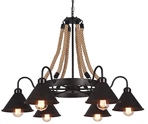 NZDY Hemp Rope Country Chandelier, Loft Pendant Light E27 Light Fixtures Rhetorician Isaland Lighting for Bar Restaurant Decoration,6-Lights