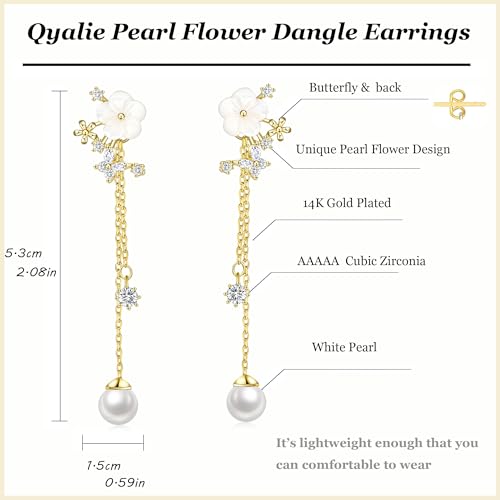 Dangle Pearl Drop Earrings For Women Trendy Long Threader Chain Dainty Flower Wedding Earrings For Brides CZ Cute 14K Gold Statement Sparkly Jewelry2