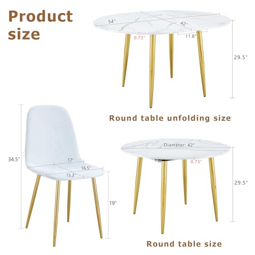 Image of Extendable Round Dining Table Set for 4, 42-54 inch Expandable Dining Table with 4 Upholstered Chairs, Engineered Wood Top, Space-Saving Round Kitchen & Dining Room Table Set(1 Table + 4 White Chairs)