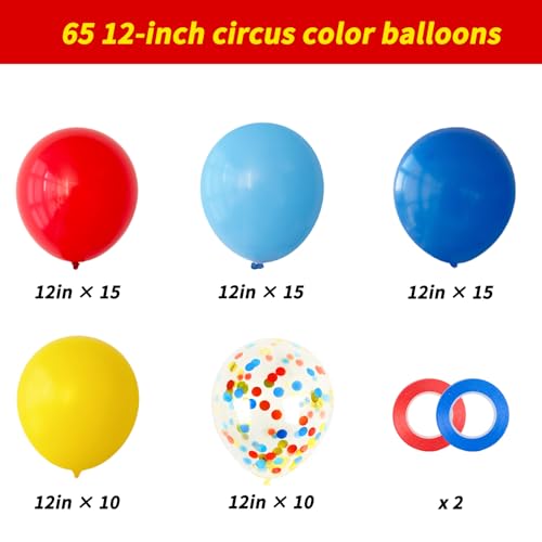 Image of RUBFAC Carnival Circus Balloon Kit, Red Yellow and Blue Primary Balloons 12in with Rainbow Confetti Balloons for Birthday Party Carnival Theme Back to School Party Decorations, 65pcs