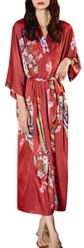 MEDUOLA Albornoces de Verano para Mujer Bata Kimono de Satén Pijama Seda Estampado con Talla Única Camisón Largo Sexy y Elegante rojo Pavo real
