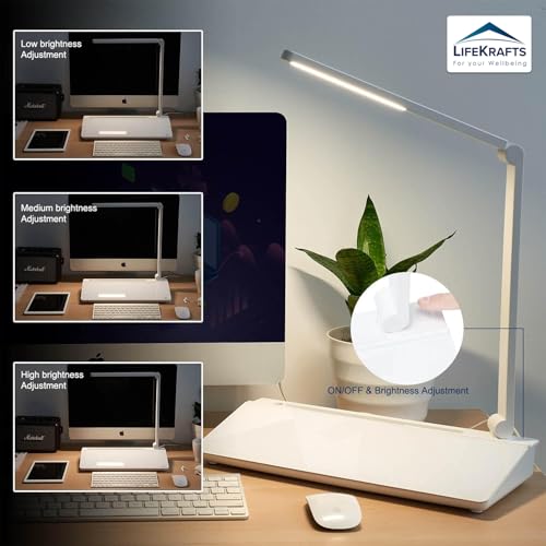 Image of LifeKrafts Glass Dry Erase Desktop Board with Swing Arm LED Lamp| 40x17 cm Non-Magnetic Whiteboard with Storage Tray| Includes 1 Pen & 1 Eraser| Ideal for Home Office, Study, and Work Desk- Pack of 1