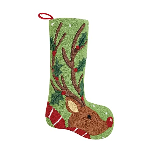 Peking Handicraft Reindeer with Holly 20" Hooked Wool Christmas Stocking
