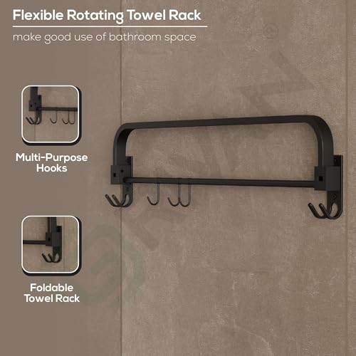 Image of GRIVAN Stainless Steel Towel Rod for Bathroom with Hooks | Foldable Towel Holder Stand with Drill Mount (1, Black, 24 INCH)