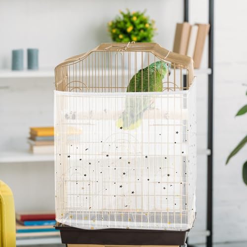 Image of Bird Cage Seed Catcher, Seed Catcher Guard Net Cover, Parrot Nylon Mesh Net Cover, Universal Soft Airy Cage Net Stretchy Skirt for Round Square Cages (Star-White, 15.7 inch x87 inch)