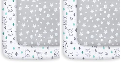 Image of Pack and Play Sheets, 4 Pack Mini Crib Sheets, Stretchy Playard Fitted Sheet, Compatible with Graco Pack n Play, Soft and Breathable Material, Stars & Bunny