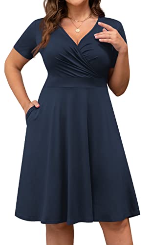 POSESHE Womens Plus Size Dresses Summer Short Sleeve Wrap V-Neck Sundress Casual Wedding Guest Cocktail Dress with Pockets4