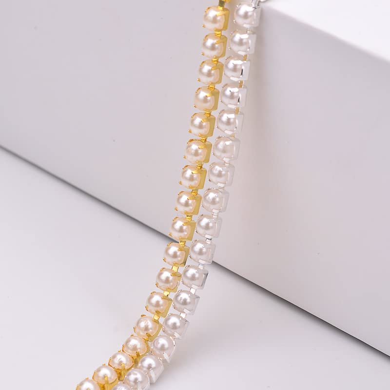 ACiyD SS6 2mm SS12 3mm SS16 4mm Silber Gold Perle Strass Cup Kette Nähperle Kristall Trim Strass Band für DIY Kleidung-Goldbasis, SS16 10 Yards (Silver Base ss16 10 Yards)