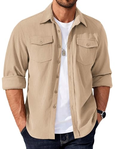 COOFANDY Men's Corduroy Button Down Shirts Jackets Casual Long Sleeve Shacket Lightweight Overshirts with Flap Pockets