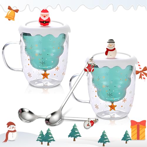 Gobesty Taza Navidad, Doble Pared Copa de Vidrio con Tapa y Cuchara, Vasos Navidad, Taza Te, Tazas de Cafe, Regalos Para Mujeres, Hombres, Niño, Oficina