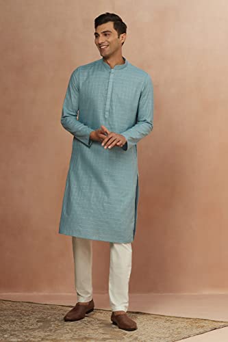 Image of Manyavar Men's Art Silk Checkered Self Design Mandarin Collar Kurta Set (2pcs)
