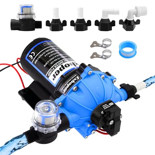 Exhoper RV Fresh Water Pump, 12V DC, 7 GPM, 70 PSI, Self-Priming, 5 Chamber Diaphragm with Pressure Switch and Strainer for RV, Marine, Yacht, Caravan