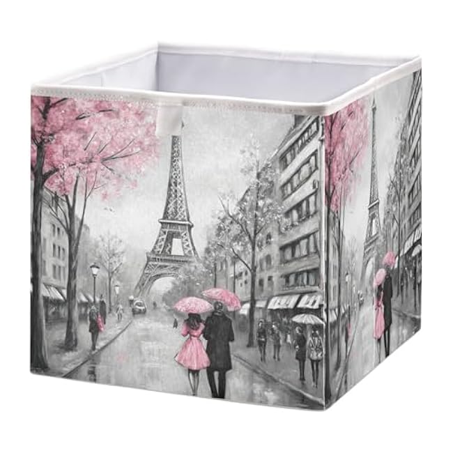 Storage Basket Pink Paris Tower Foldable 11 x 11 x 11 in Cube Storage Bin Home Decor Organizer Storage Baskets Box for Toys, Books, Shelves, Closet, Laundry, Nursery