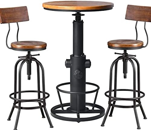BOKKOLIK Retro Bistro Table(38.6-44.4inch) with Set of 2 Industrial Bar Stools with Backrest 26-32inch Height Adjustable for Kitchen Dining Room Office Coffee House Pub