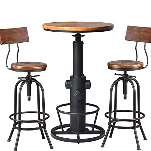 Bokkolik Retro Bistro Table(38.6-44.4Inch) With Set Of 2 Industrial Bar Stools With Backrest 26-32Inch Height Adjustable For Kitchen Dining Room Office Coffee House Pub #TOP21