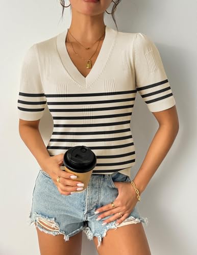 Image of Zeagoo Womens Short Sleeve Sweaters Soft Casual V Neck Pullover Tops Lightweight Knit Sweater Blouse