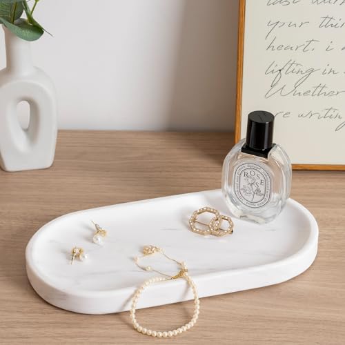 Image of Koville White Marble Oval Tray for Bathroom Countertop, 10 inch x 5 inch Natural Marble Vanity Trays, Stone Perfume Organizer Tray for Decor, Jewelry Dish Perfume Trays for Dresser