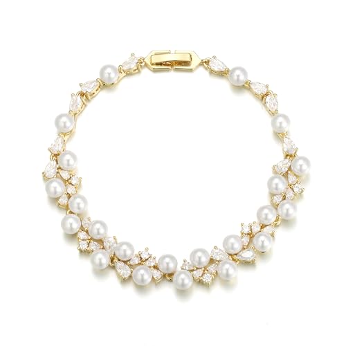 EVER FAITH Gorgeous Cubic Zirconia Wedding Jewelry Bracelet for Bride Bridesmaid, Elegant White Simulated Pearl Teardrop Tennis Bracelets Gift for Women Clear Gold-Plated-Brass