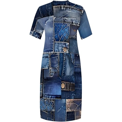 Image of SUZONANA Plus Size Denim Print Shirt Maxi Dresses for Curvy Women Casual Blue Jean Summer Outfits Long Short Sleeve Dress with Pockets Patchwork 4XL