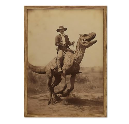 Vintage Dinosaur Cowboy Wall Art Funny Western Jurassic Park Wall Decor Painting, Retro Cowboy Riding Dinosaur Poster Canvas Print Picture for Living Room Bedroom 12x16 inch Wood Framed