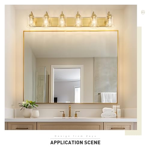 Image of zeyu 44 Inch Brushed Gold Bathroom Light Fixtures, 6 Lights Vintage Wall Light, Modern Vanity Light with Clear Glass Shade, ZSL72B-6W BG