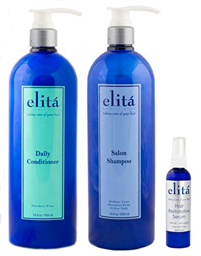 (Official) elita Beverly Hills Gift Set: 34oz Salon Shampoo & 34oz Daily Conditioner & 4oz Hair Restorative Serum: | All Natural | Paraben & Sulfate Free | Made in USA by elita Beverly Hills elitahair