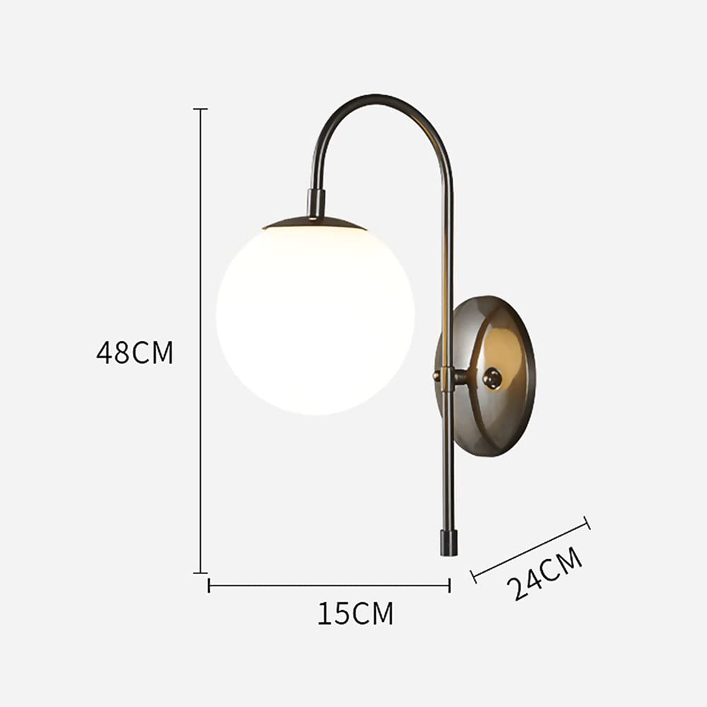 Nowoczesna lampa ścienna z czarnego mosiądzu z abażurem z białej szklanej kuli, styl z połowy wieku, przemysłowa oprawa oświetleniowa z łabędzią szyją, oprawka E27.