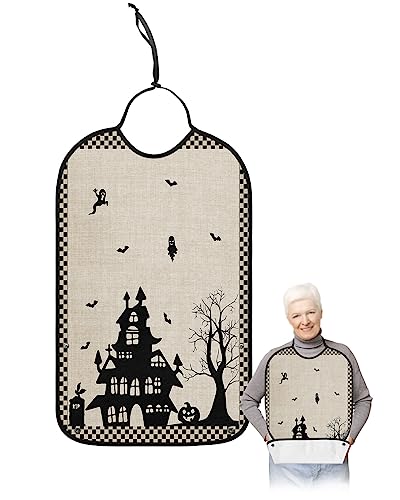 Halloween Adult Bibs for Eating, Waterproof Bibs with Food Catcher & Adjustable Snap Closure, Beige Black Plaid Castle Bat Rustic Burlap Washable Clothing Protectors Adult Bibs for Elderly Women/Men