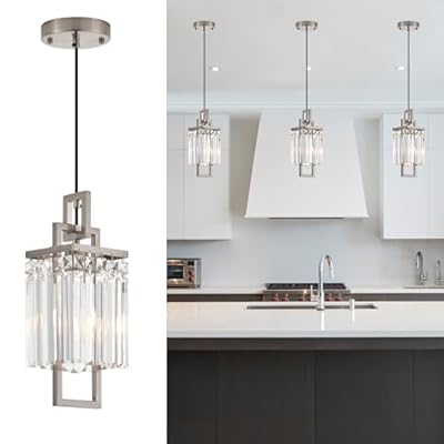 Lighceac Modern Brushed Nickel Pendant Light Fixture for Kitchen Island and Dining Room, Industrial Small Hanging Crystal Chandelier Light Fixture for Bedroom Entryway Living room Foyer Hallway 3-Pack