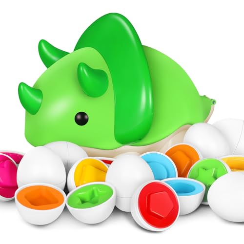 Image of MENGBEI Plastic Easter Egg Toy for Toddlers, 12 PCS Matching Egg with Dinosaur Storage Case, Kid Montessori Color Shape Sorter Sensory Toys, Easter Basket Egg Gift for Baby Girl Boy Ages 18+ Months