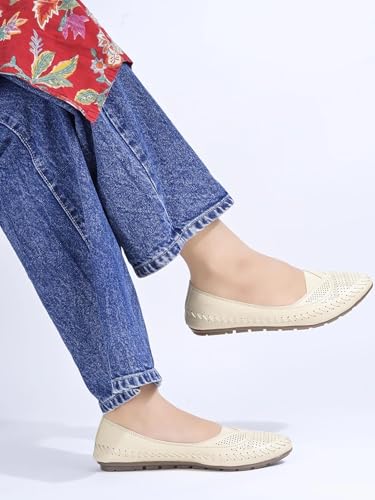 Image of Duosoft Comfort Walk Women's Perforated Leather Flats, Tan, Hand-Stitched, Breathable & Lightweight, Cushioned Insole, Flexible Sole