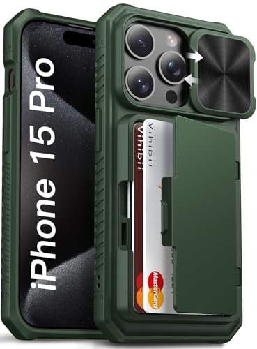 Image of Vihibii PC For iPhone 15 Pro Wallet Back Cover With Card Holder (4 Cards) & Slide Camera & Kickstand, Shockproof Case For iPhone 15 Pro 6.1 inch 2023, Green
