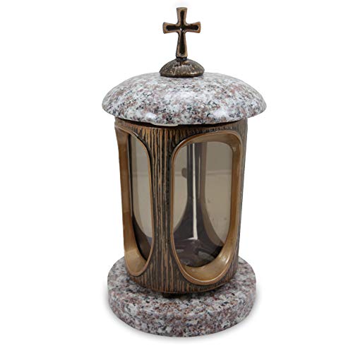 Vershy Grablaterne Bronze mit Granit Sockel Grabschmuck Stilvolle Granitlaterne Elegant Granit Weiss Höhe 28 cm/Ø 15 cm Grablampe Grablicht Grableuchte