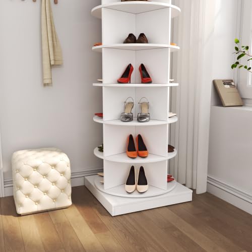 Image of HKLYRHIMO Rotating Storage Rack-American Design White-7-Tier Spinning Storage Rack,Free Standing 360 Revolving Shoe Organizer-for Bedroom,Livingroom,Hallway. (White,6-Tier with Base)