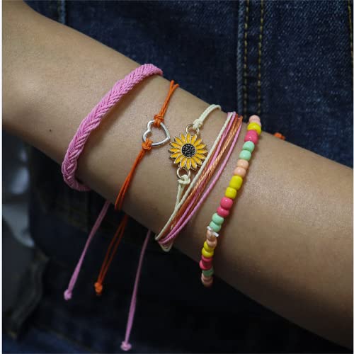 Colorful Bling 4-Piece Adjustable Summer Surf Jewelry Set - Braided Rope Anklet and Bracelet with Sunflower and Heart Beads - Image 4