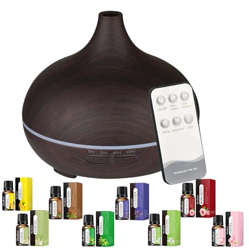 Diffusers 500ML with 8 Essential Oils Set - Essential Oil Diffuser with Remote Control - Aromatherapy Oil Diffusers With 7 LED Lights - Dark Wood Grain Ultrasonic Cool Mist - For Home Bedroom Office Diffusers 500ML with 8 Essential Oils Set - Essential Oil Diffuser with Remote Control - Aromatherapy Oil Diffusers With 7 LED Lights - Dark Wood Grain Ultrasonic Cool Mist - For Home Bedroom Office