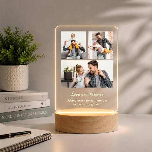 Image of Giftplease Fathers Day Personalized Rectangle Acrylic LED Frame - Custom 3 Photo Wood Stand Tabletop Showcase For Grandpa Birthday, Dad, Stepdad, Husband Anniversary Meaningful Family Keepsake